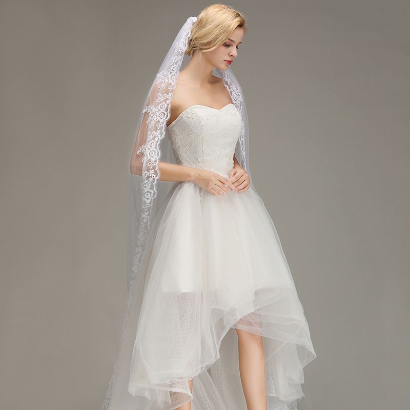 BMbridal One Layer Wedding Veil with Comb Lace Edge Appliqued Bridal Veil-BMbridal