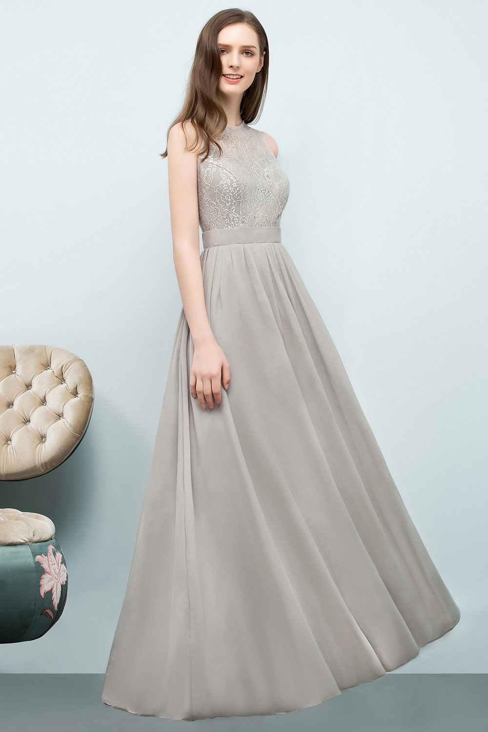 BMbridal Affordable Lace Sleeveless Silver Bridesmaid Dress with Ruffles-BMbridal