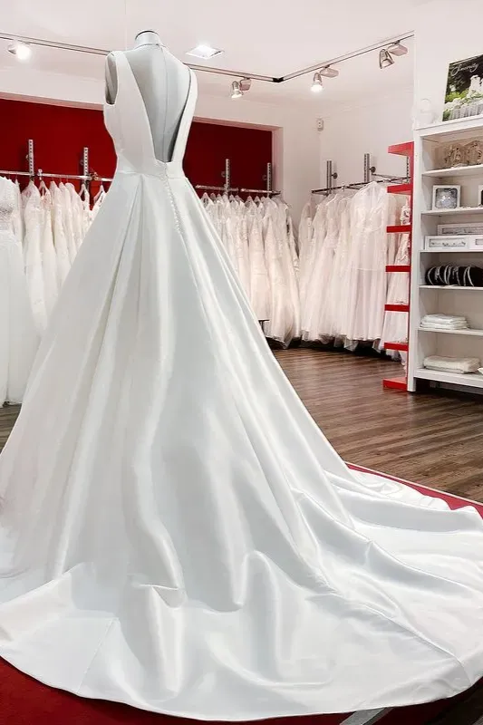 Modest A-Line Long V-Neck Satin Open Back Wedding Dress with Ruffles
