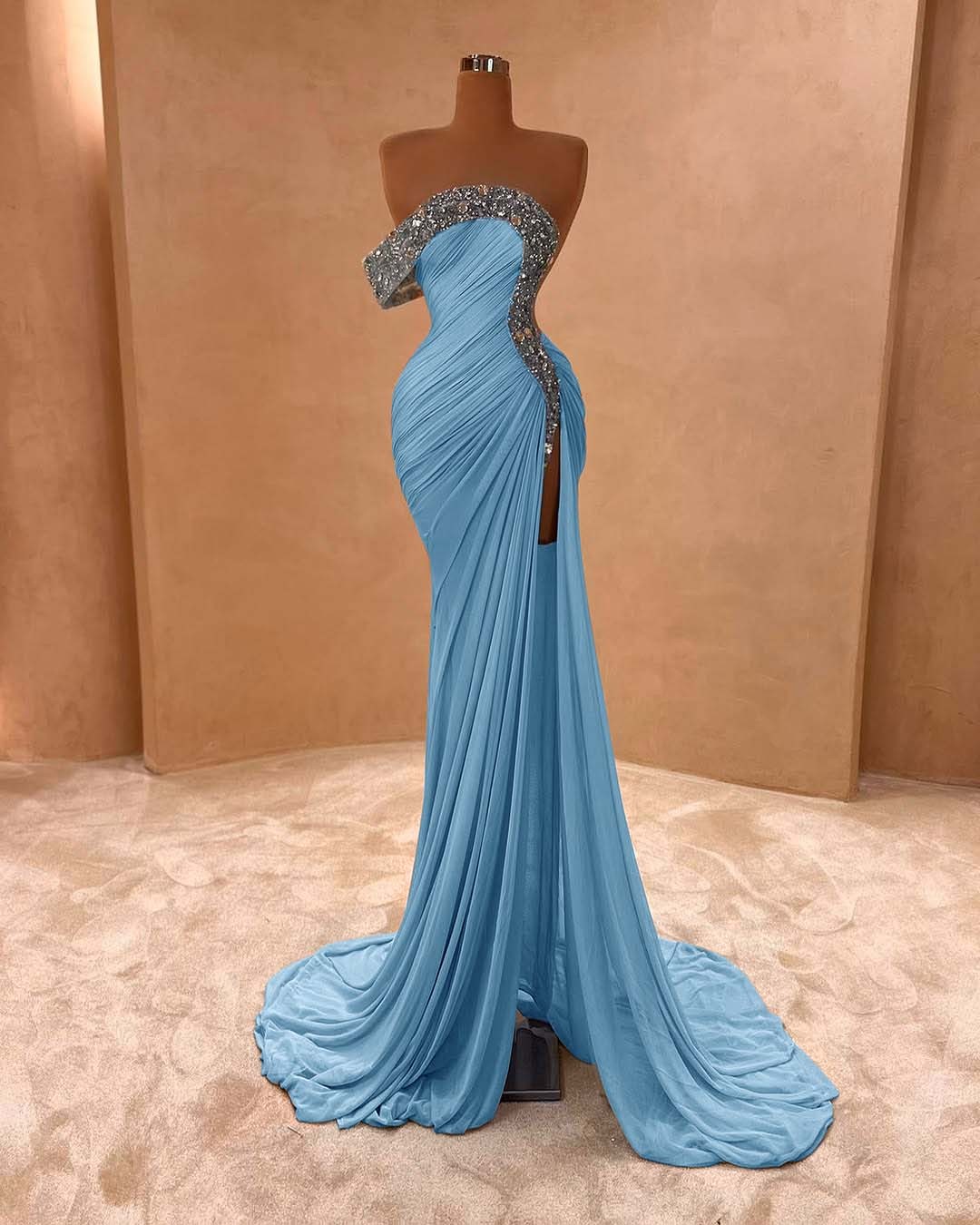One Shoulder Sleeveless Long Split Prom Dress With Pleated Sequins