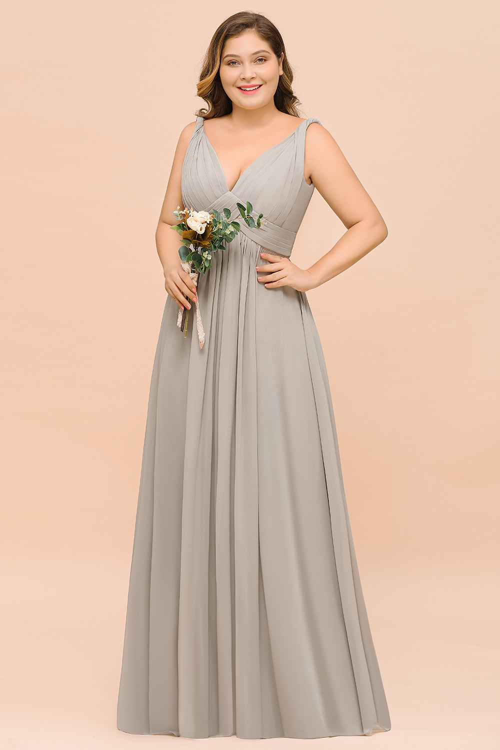 BMbridal Plus Size Chiffon V-neck Sleeveless Affordable Bridesmaid Dress with Ruffle-BMbridal