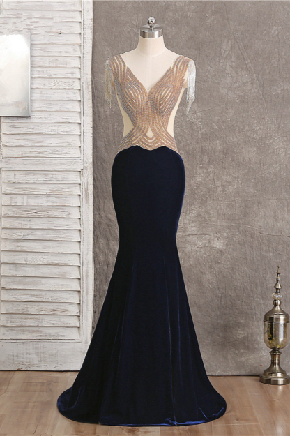 BMbridal Chic V-Neck Mermaid Black Prom Dresses Sleeveless Beadings with Tassels Online
