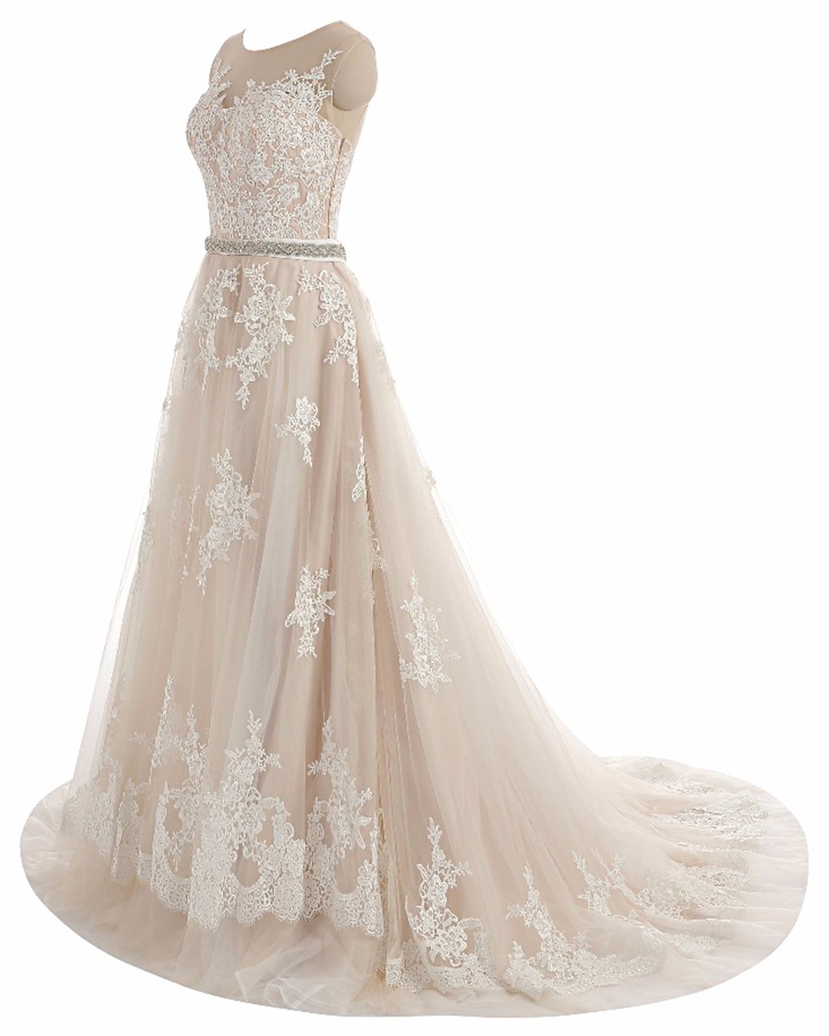 BMbridal Glamorous Creamy Tulle Round Neck Long Wedding Dress White Lace Applique Bridal Gowns On Sale-BMbridal
