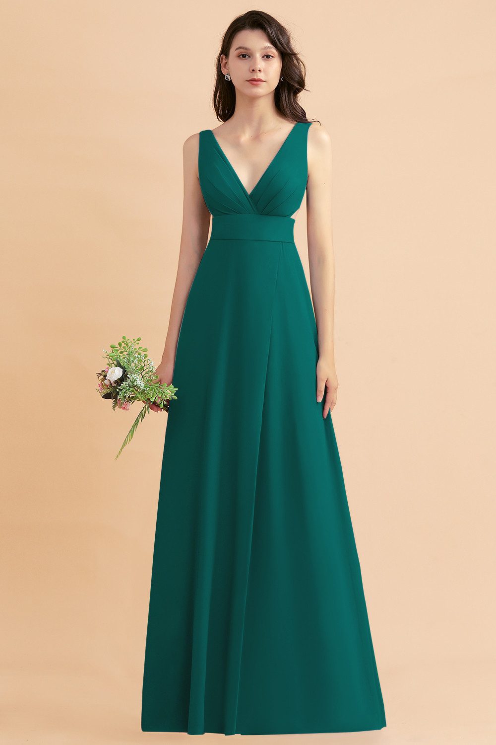 BMbridal A-Line Dusty Blue Chiffon Ruffles Bridesmaid Dress with Slit-BMbridal