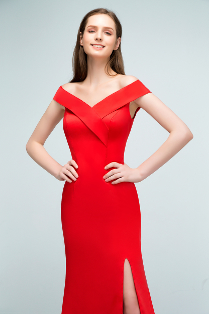 BMbridal Red Off-the-Shoulder Mermaid Prom Dress Long With Split