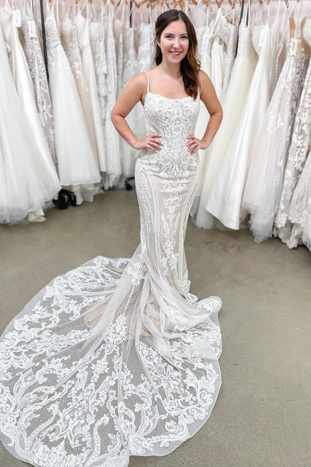 Bmbridal Spaghetti-Straps Lace Wedding Dress Mermaid Long-BMbridal