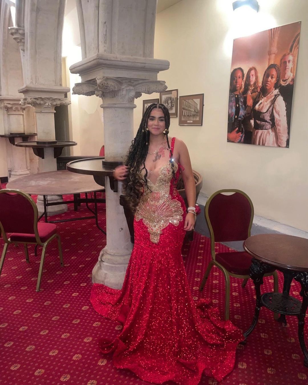 Red Square Mermaid Evening Dress Beads Sequins Long Sleeveless
