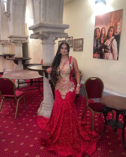 Red Square Mermaid Evening Dress Beads Sequins Long Sleeveless