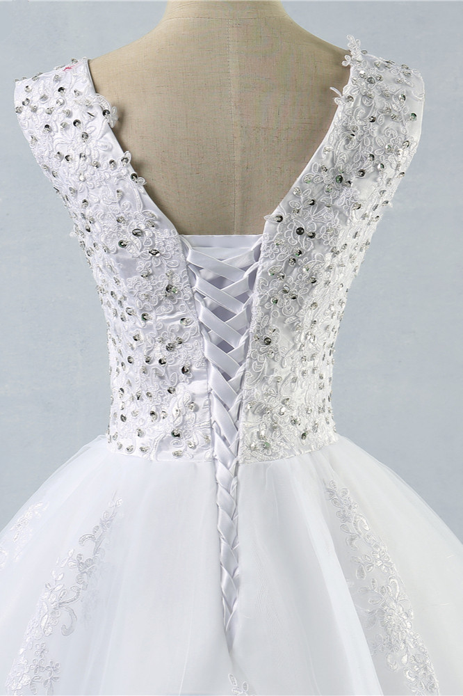 BMbridal Stunning V-Neck Sequins Tulle Wedding Dresses A-Line Lace Appliques Bridal Gowns Online