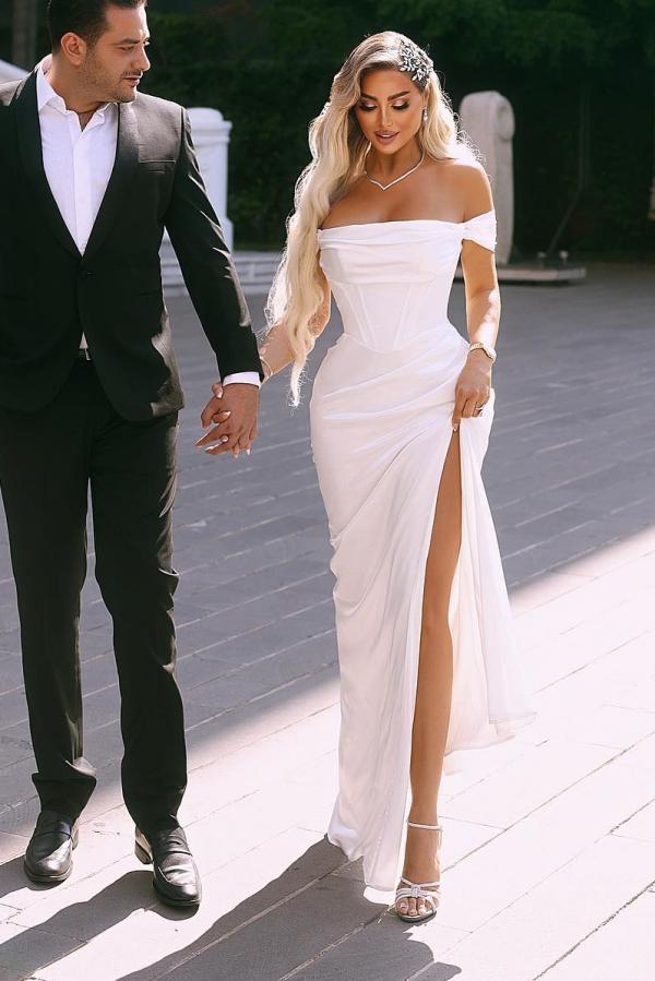 Bmbridal White Off-the-Shoulder Mermaid Prom Dress Long Split