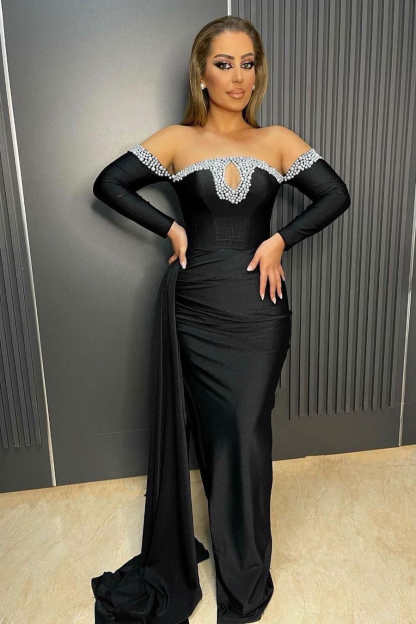 Beautiful Mermaid Strapless Long Sleeve Appliques Satin With Train Black Prom Dress