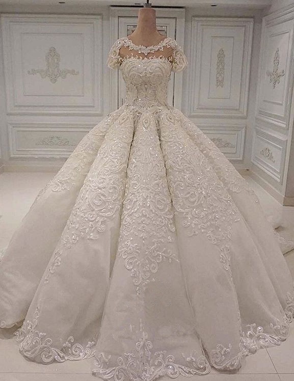 BMbridal Elegant Shortsleeves Jewel A-line Wedding Dresses White Tulle Ruffles Bridal Gowns With Appliques Online-BMbridal