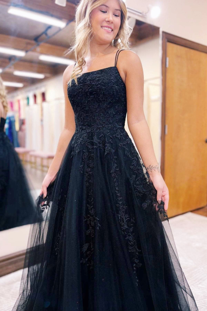 Chic Dark Navy Spagetti-Straps Prom Dress Tulle With Lace Appliques