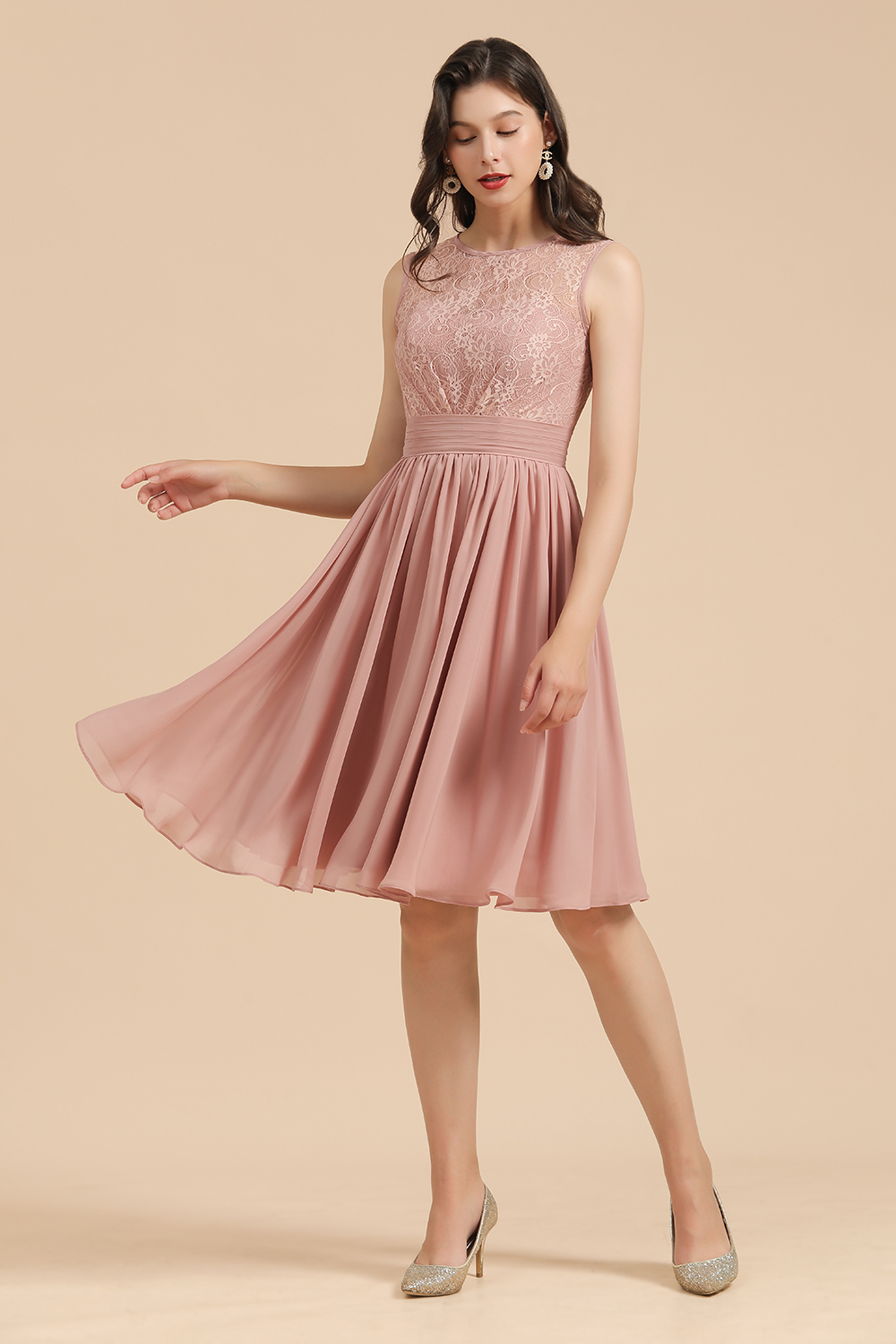 BMbridal Short Lace Dusty Rose Junior Bridesmaid Dress-BMbridal