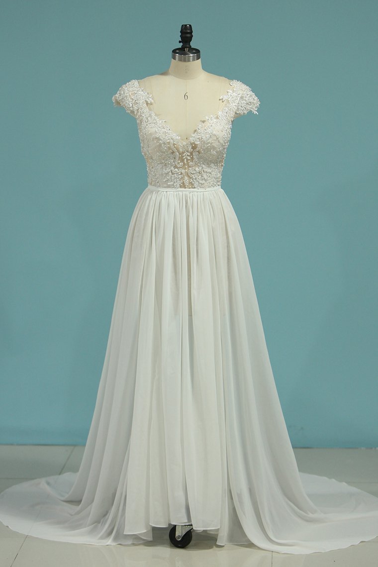 BMbridal Simple Chiffon Ruffles Lace Wedding Dress Appliques Cap Sleeves V-neck Beadings Bridal Gowns On Sale-BMbridal