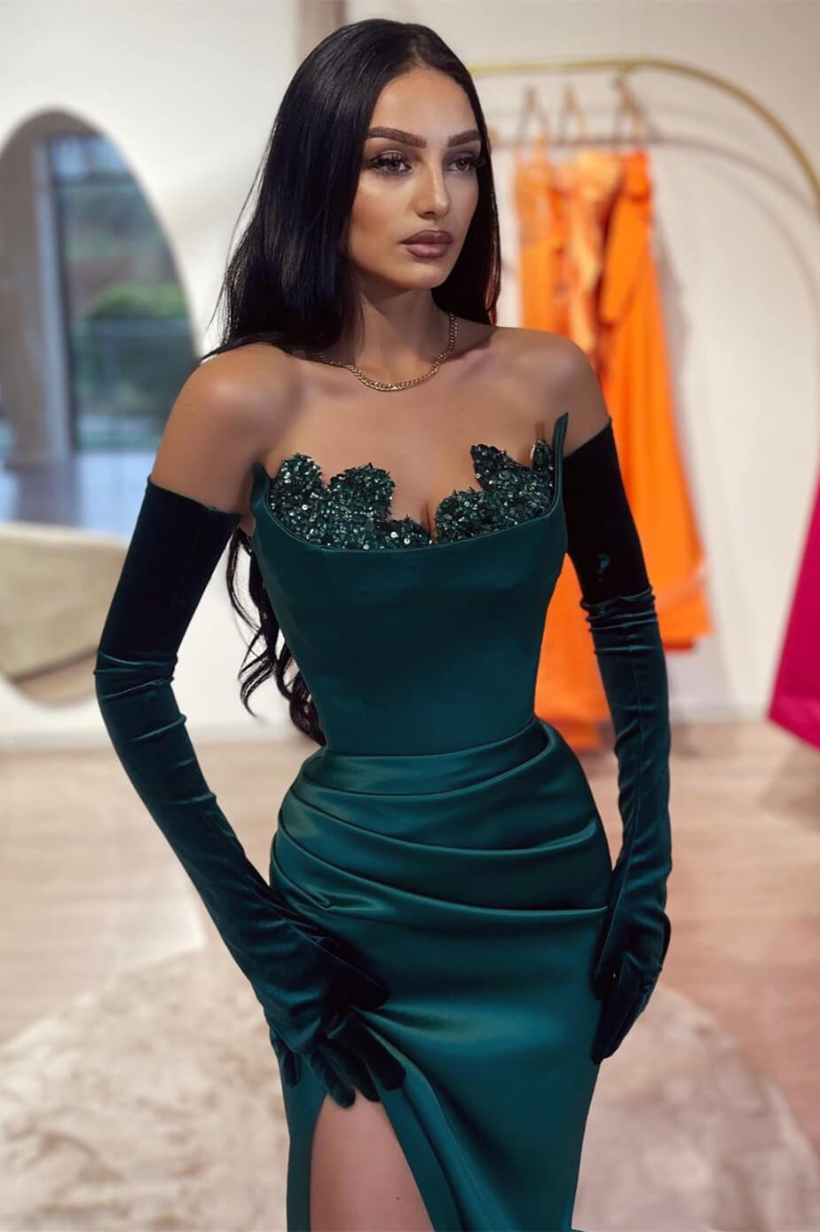 Chic Dark Green Sweetheart Mermaid Prom Dress Split Long With Beads