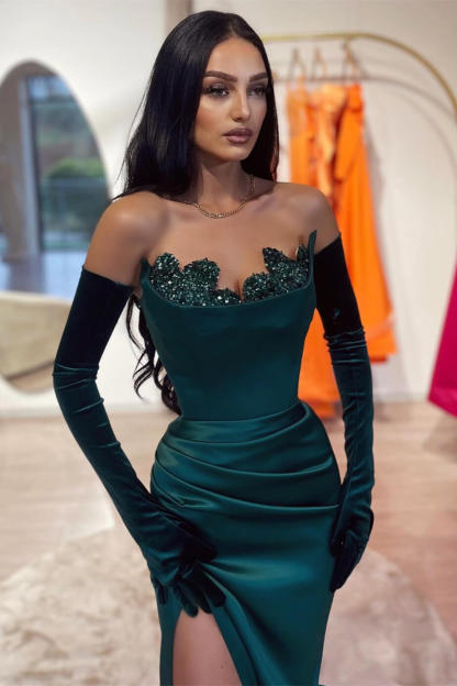 Chic Dark Green Sweetheart Mermaid Prom Dress Split Long With Beads