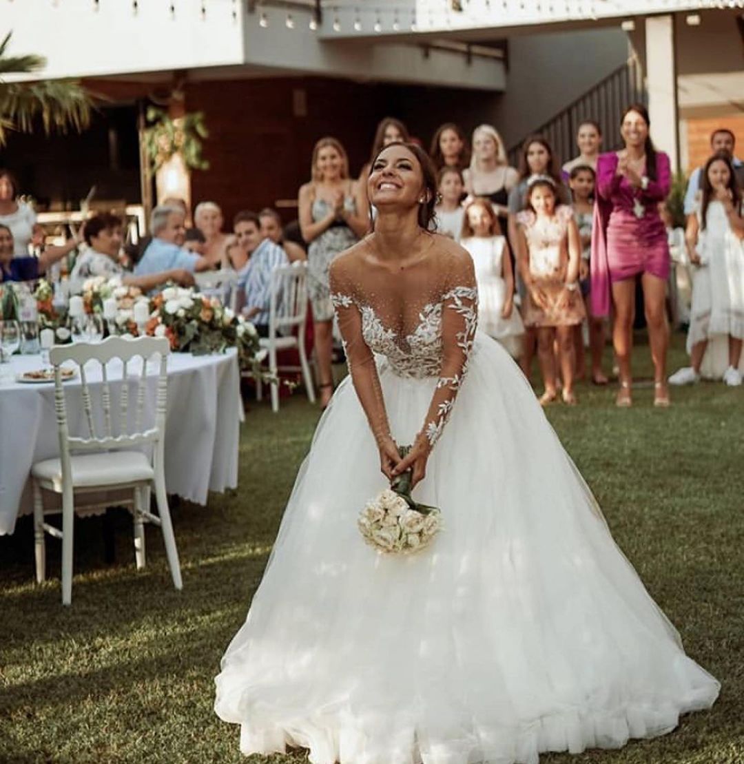 BMbridal Long Sleeves Lace Wedding Dress Tulle Bridal Gowns-BMbridal