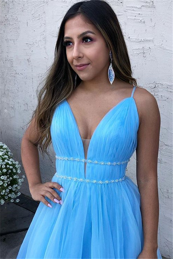Bmbridal Spaghetti-Straps V-Neck Tulle Blue Prom Dress Sleeveless Long