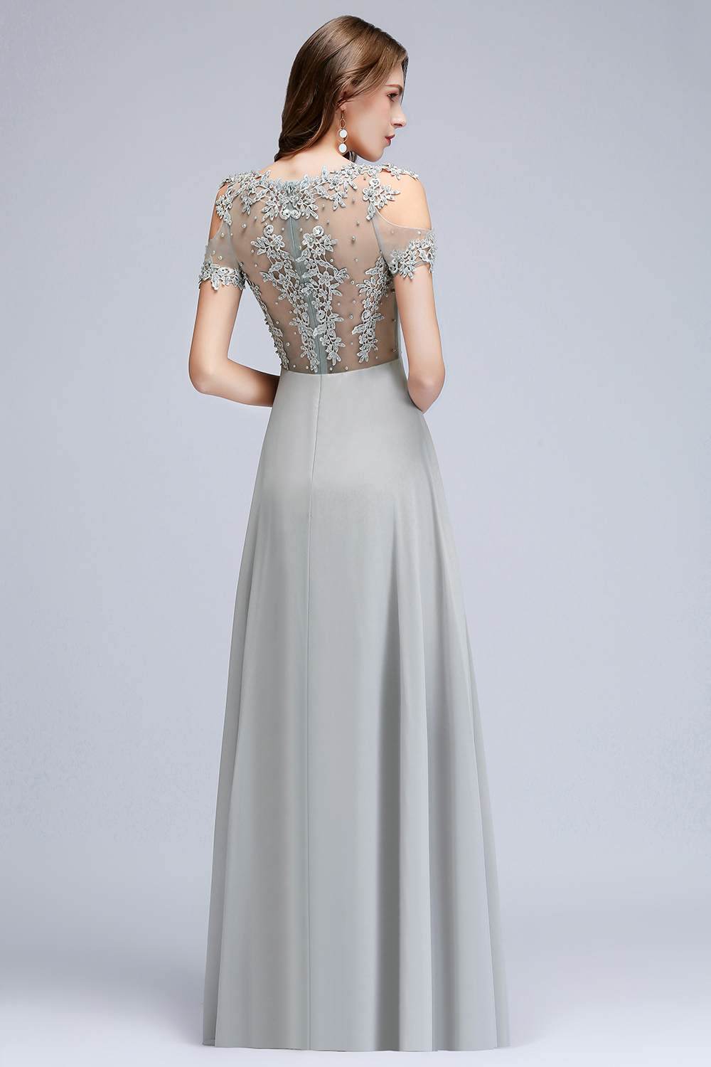 BMbridal Short Sleeve Lace Appliques Long Prom Party Dress