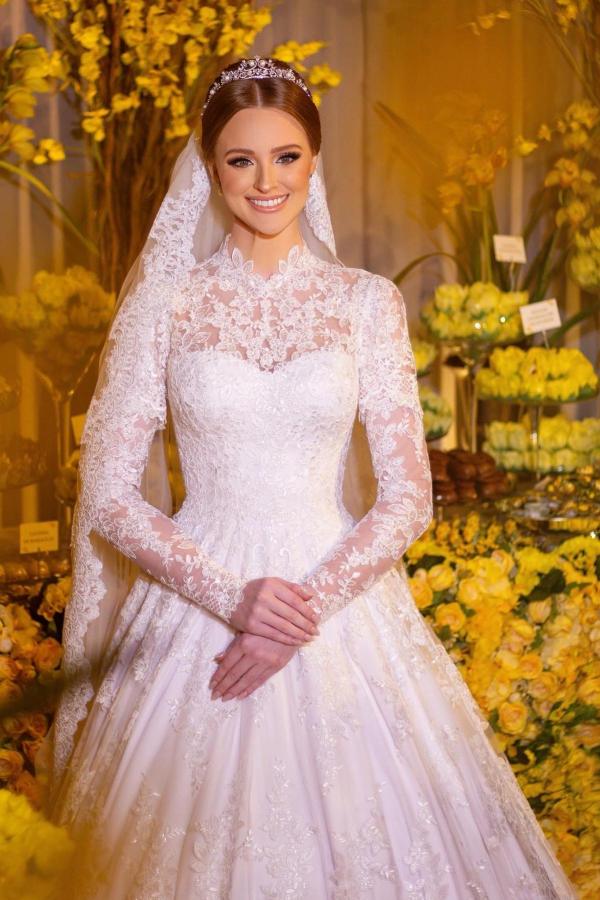 Fabulous A-Line Floor-Length High Neck Long Sleeves Lace Wedding Dresses-BMbridal