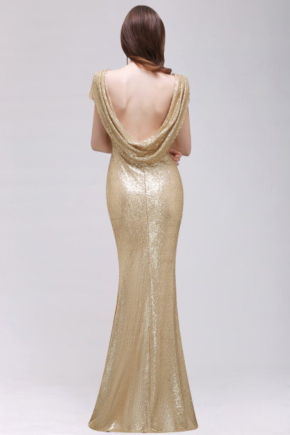 BMbridal Sparkly Sequined Jewel Sheath Prom Dress with Short Sleeves and Draped Back