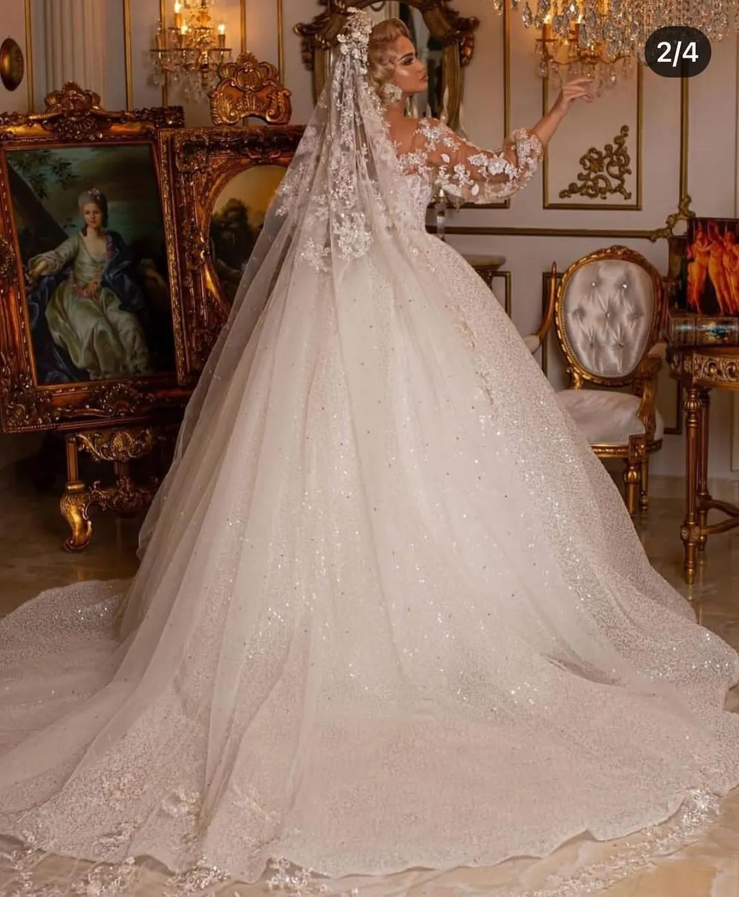 Stunning Ball Gown Puffy Sleeves Long Wedding Dress with Appliques