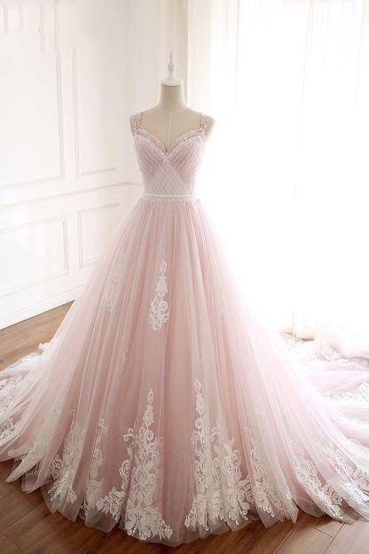 BMbridal Princess Sweetheart Lace Pink Prom Dress Long Tulle Party Gowns
