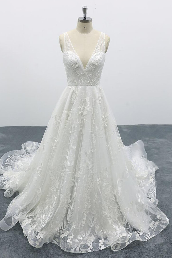 BMbridal Elegant V-neck Appliques Tulle A-line Wedding Dress On Sale-BMbridal