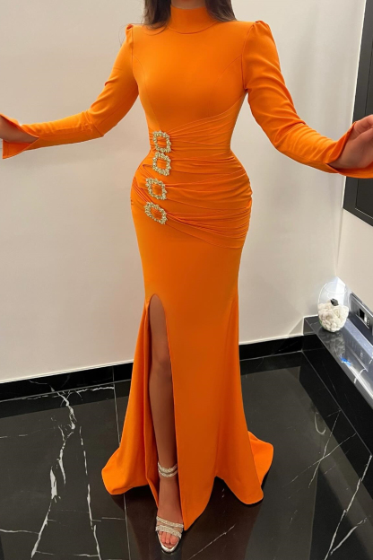 Orange High Neck Long Sleeves Mermaid Prom Dress Slit With Beads