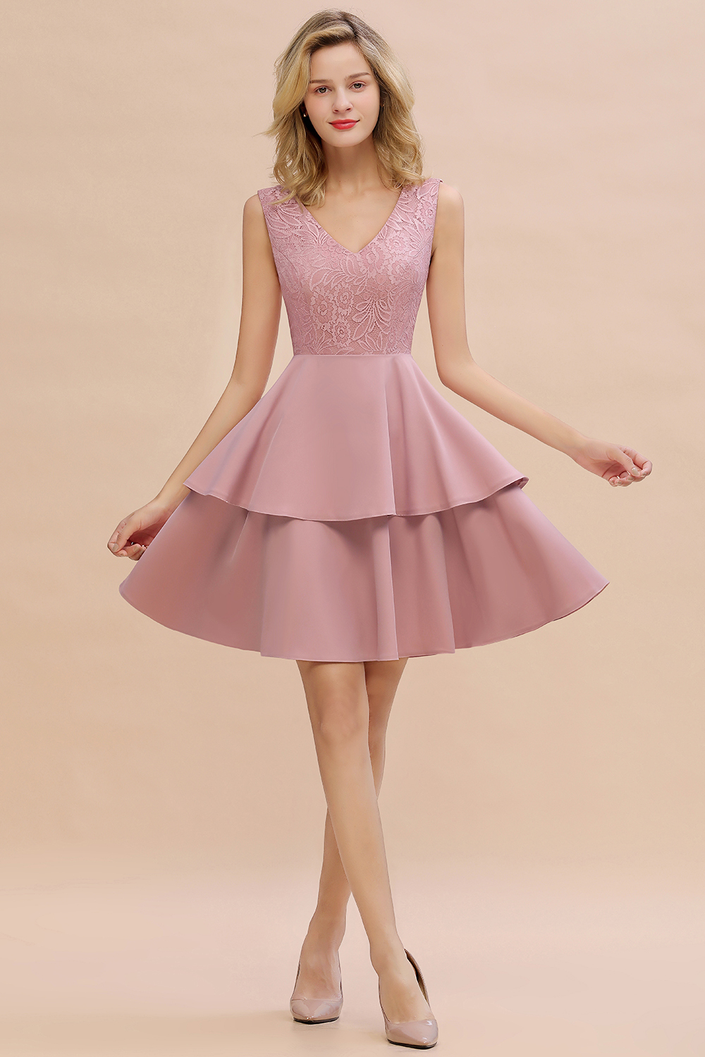 BMbridal Lovely Sleeveless Lace Short Prom Dress Mini Party Gowns With Two Layers