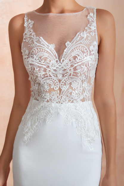 BMbridal Beautiful Mermaid V-Neck White Lace Wedding Dresses Affordable Online