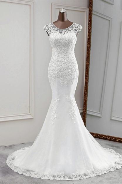 BMbridal Gorgeous Jewel Sleeveless White Lace Mermaid Wedding Dresses with Appliques