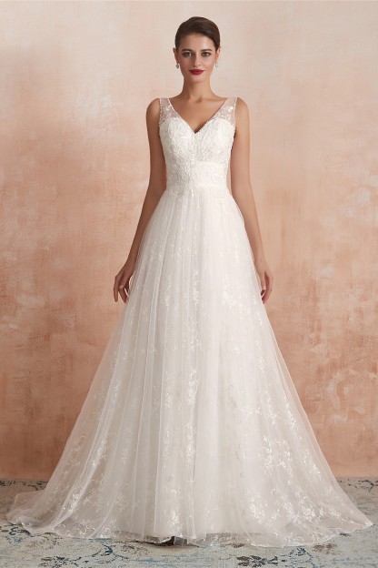 BMbridal Affordable V-Neck Tulle Lace Long White Wedding Dresses Online