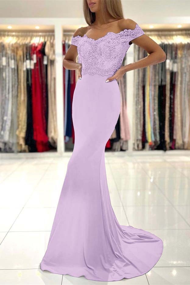 Mermaid Off the Shoulder Sleeveless Prom Dress Long With Lace Appliques