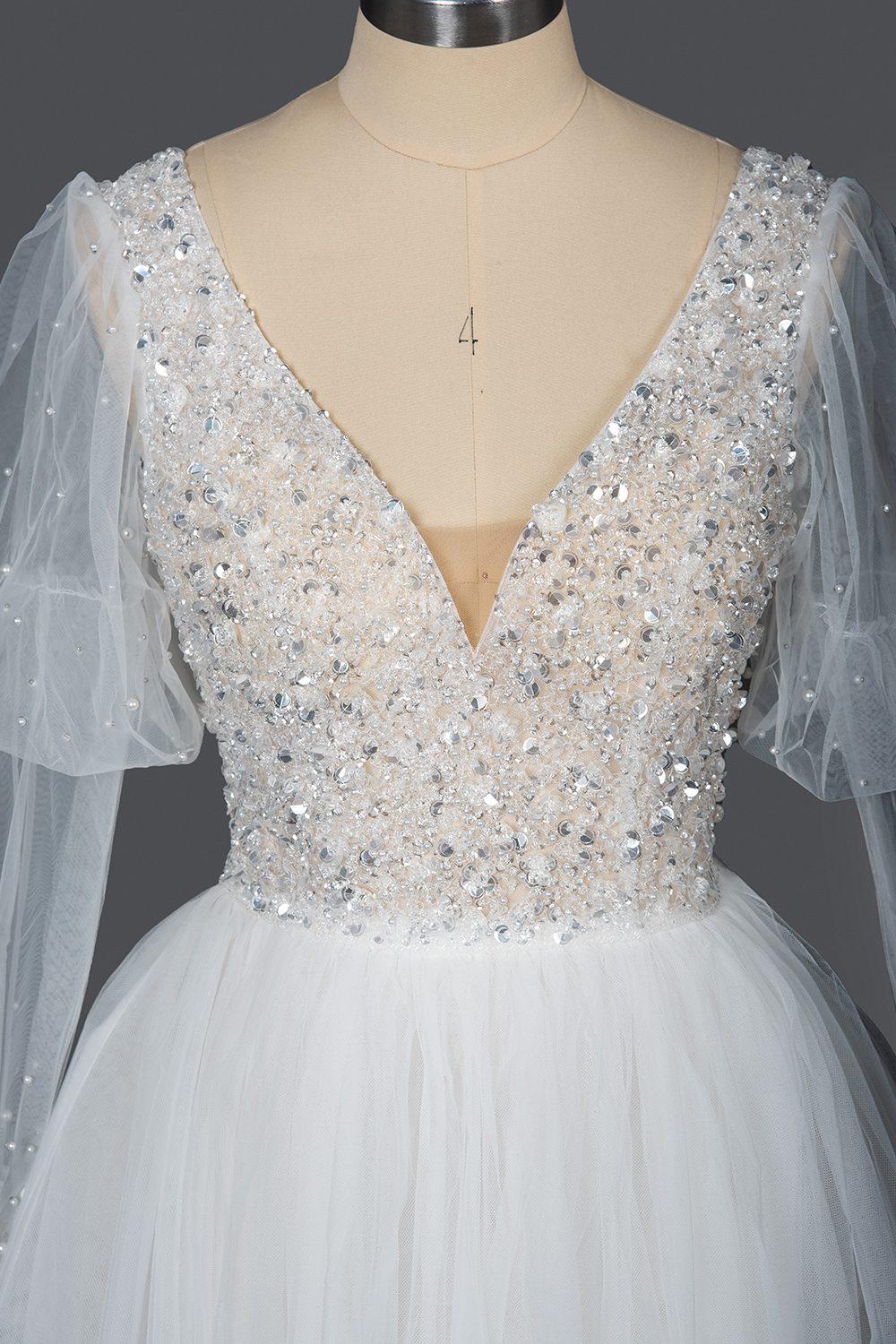 Bmbridal Sheer Long Sleeves Ball Gown Wedding Dress Tulle With Beads-BMbridal