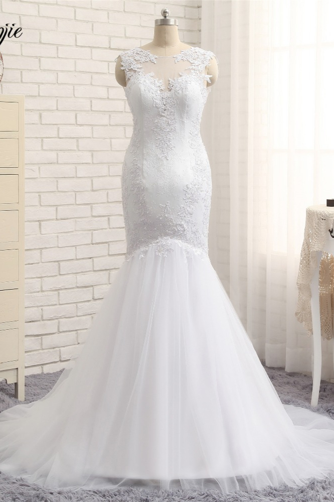 BMbridal Glamorous Jewel Sleeveless Tulle Wedding Dresses White Mermaid Satin Bridal Gowns With Appliques On Sale-BMbridal