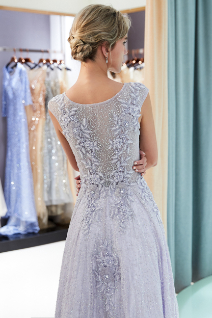 BMbridal Glamorous A-line Jewel Sleeveless Prom Dresses Lace Appliques Formal Dresses with Pearls