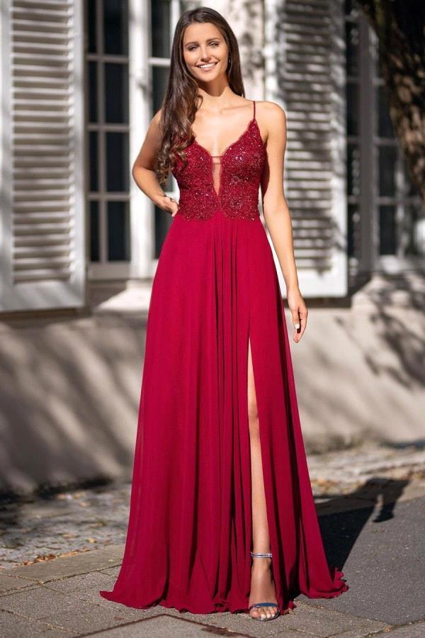 Bmbridal Burgundy Sleeveless Prom Dress Spaghetti-Straps Long