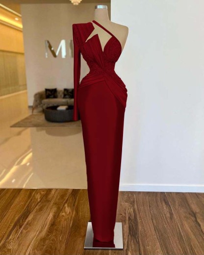 Long Sleeve One Shoulder Long Prom Dress With Pleated Appliques