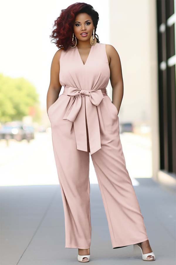 Pool Blue V-Neck Sleeveless Jump Suit With Bow Belt