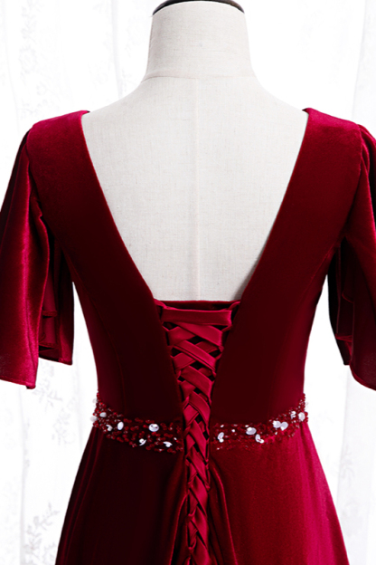 BMbridal Chic V-Neck Ruffles Burgundy Prom Dresses Short Sleeves A-Line Party Dresses with Rhinestones Sash-BMbridal