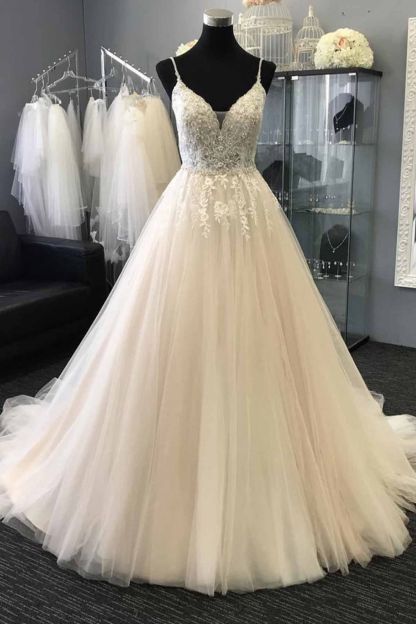 BMbridal Gorgeous Sweetheart Lace Top White Long Wedding Dress Spaghetti Straps Sleeveless Bridal Gowns On Sale-BMbridal
