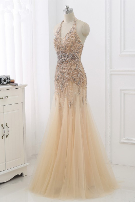 BMbridal Elegant Tulle Halter Rhinestones Mermaid Prom Dresses Sleeveless Appliques Online