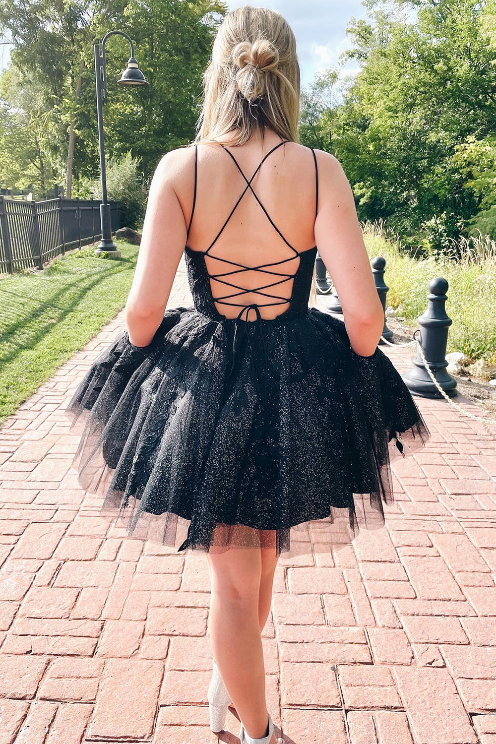 Glitter Black A-Line Tulle Short Homecoming Dress with Lace-BMbridal