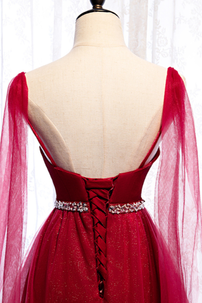 BMbridal Stunning Spaghetti Straps Tulle Burgundy Prom Dresses V-Neck Sleeveless Sequins Evening Dresses Online-BMbridal