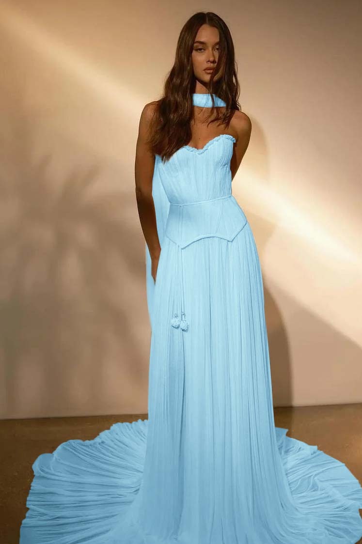 Chiffon Strapless Sleeveless Long Prom Dress With Belt Ruffles