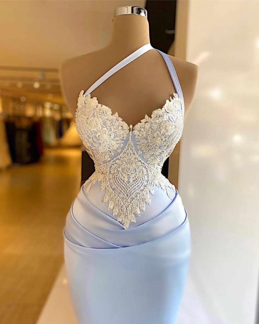 Bmbridal One Shoulder Lace Mermaid Prom Dress Sky Blue