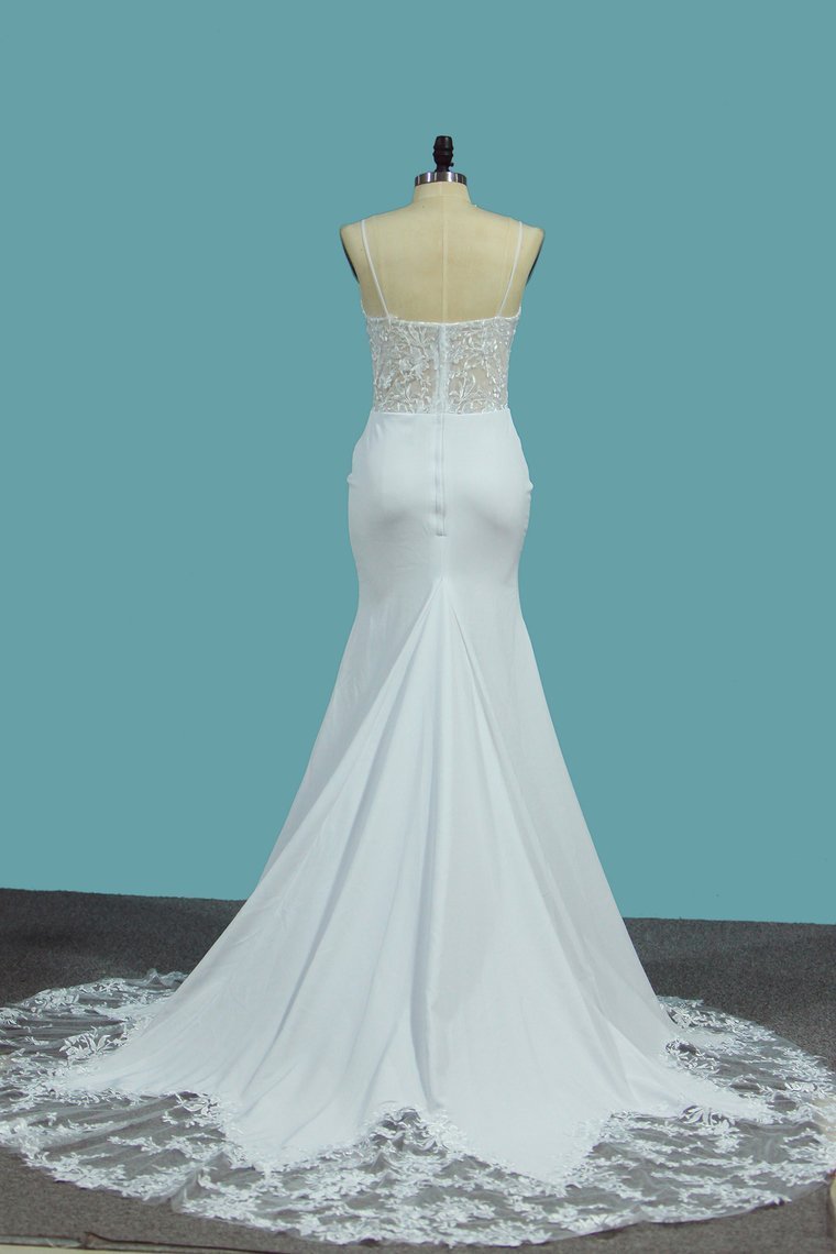 BMbridal Sexy Spaghetti Straps Satin Wedding Dress Mermaid Lace Applqiues Bridal Gowns On Sale-BMbridal