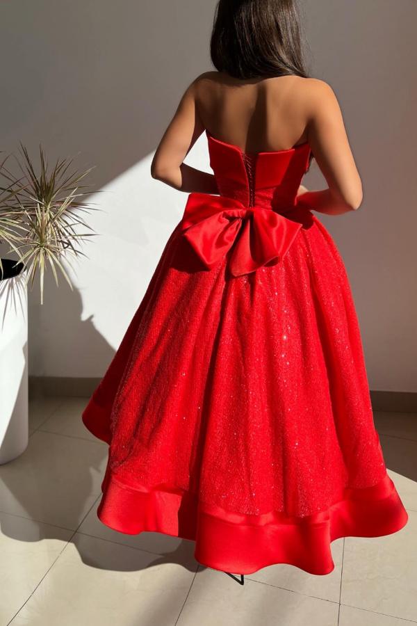 Bmbridal Red Ball Gown Strapless Sleeveless Stain Prom Dresses with Ruffles